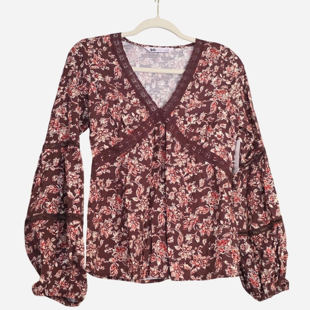 NWT Babydoll Top V Neck Top Floral Small Chocolate Brown - Picture 2 of 6